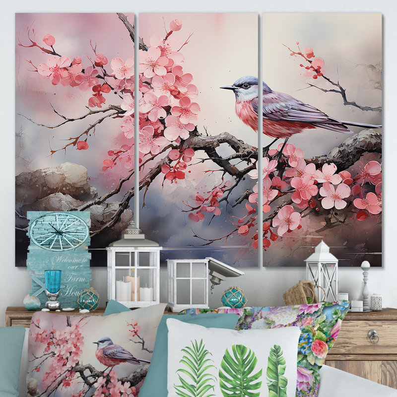 Oiseaux roses et bleus sur un arbre en fleurs de cerisier III - Art mural oiseau, H 28 po x l 36 po
