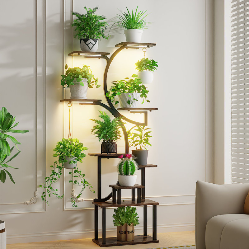 Support pour plante haute de 65 po avec 3 lumières de culture Adan, étagère de fleurs d'intérieur à 9 niveaux avec bandes lumineuses à DEL, support en forme d'arbre pour la culture en intérieur
