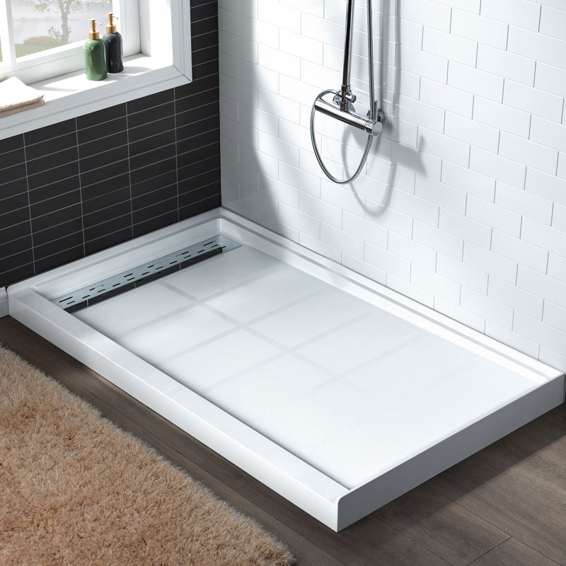 48" W x 32" D Solid Surface Single Threshold Shower Pan Base with Drain Assembly & Drain Cover Included, Non-Slip, Left