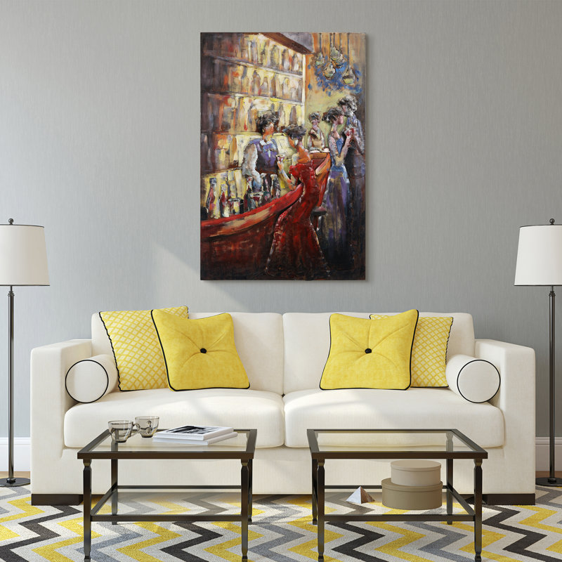 Hand Painted Dimensional Tavern Scene Iron Wall Art, 52" x 36"