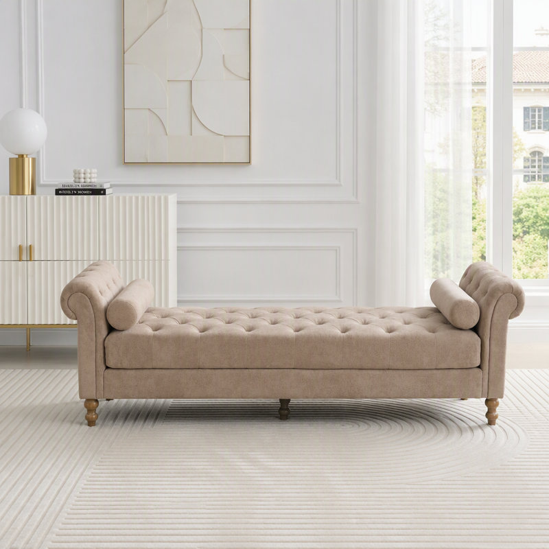 Banc rembourré avec accoudoirs et 2 traversins, Chenille taupe