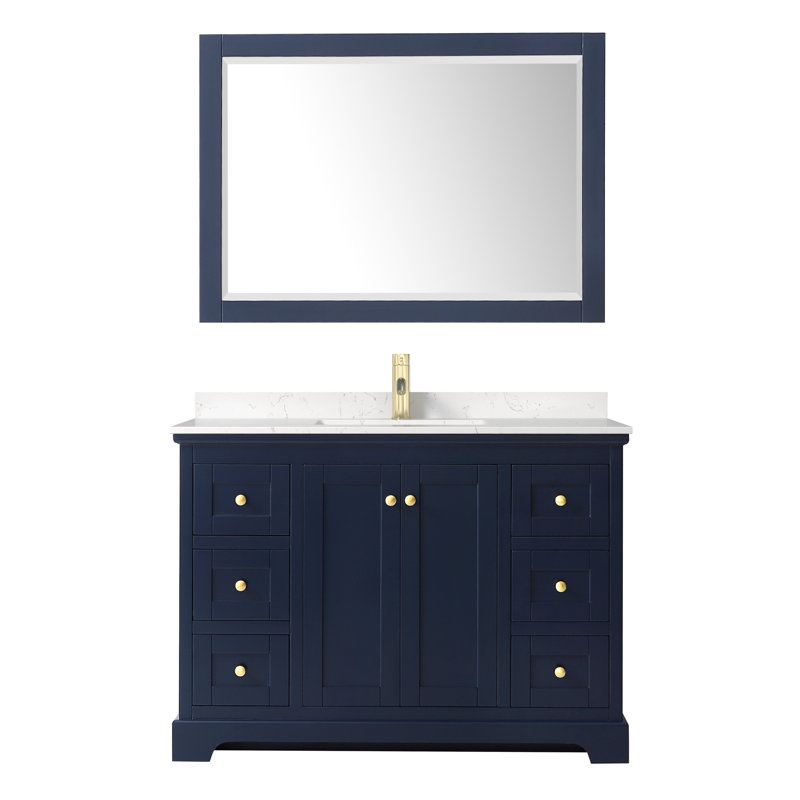 Ensemble de meuble-lavabo simple 48 po avec miroir Avery, Bleu foncé, Marbre de culture de Carrare, Or brossé