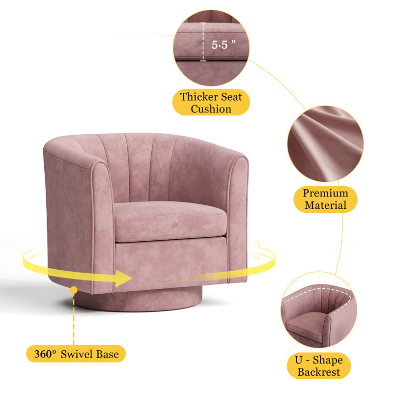 Fauteuil d'appoint pivotant avec repose-pieds Torince, Velours Capri rose, H 26 po x l 27,4 po x P 25,6 po
