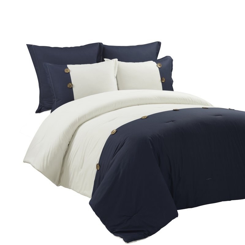 Ensemble d'édredon ferme en coton à boutons lin, Édredon de très grand lit + 4 pièces additionne, Bleu marine