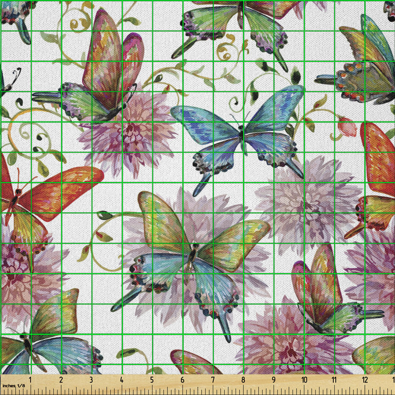 Daimian Flying Butterflies with Floral Elements Vivid Color Palette Wildflowers Retro Fabric