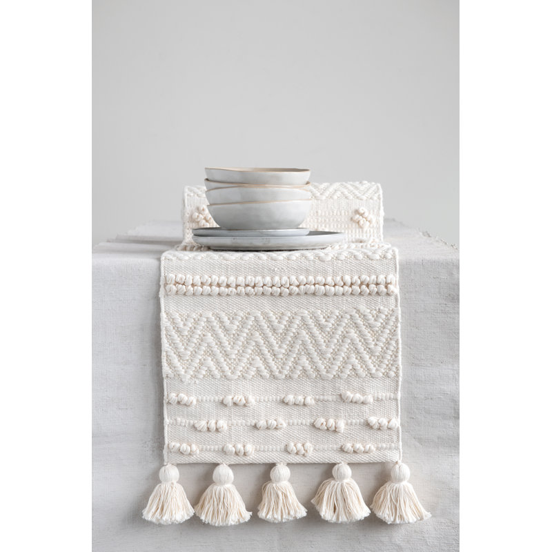 Woven Cotton Textured Table Runner with Pom Poms & Tassels