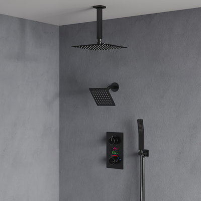 Système de douche numérique avec valve à pression équilibrée, pomme de douche double à fixation au plafond 12 po et douche à main