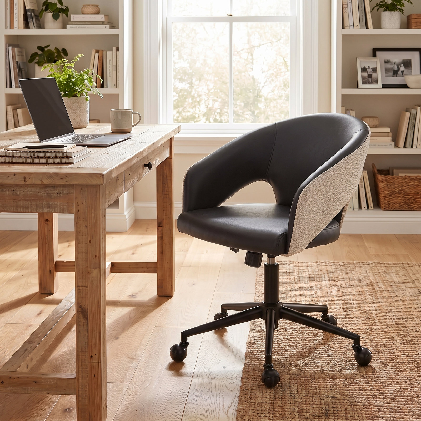 Mid-Century Two-Tone Office Chair Faux Leather & Fabric Upholstered Swivel Desk Chair With Thick Cushion Height Adjustable Rolling Task Chair With 360°Ball Caster & Black Metal Base, For Home Office, Vanity