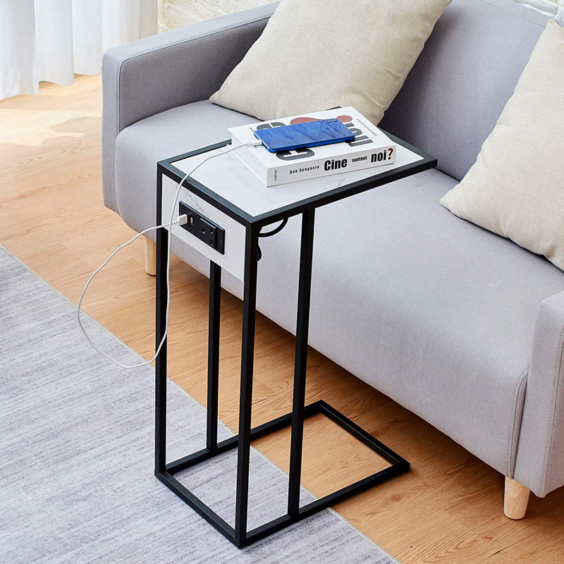 Delarosa Frame End Table with Built-In Outlets, Black Frame