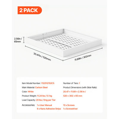 Pull Out Cabinet Organizer, 2 Pack Expandable Width (12.2"-18.9"), 20.47" Deep Pull Out Drawers for Cabinets, Sliding Drawer for Kitchen Pantry Cabinet Organizer with Nano Adhesive Strips
