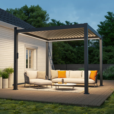 Pergola moderne à cadre en aluminium avec persiennes réglables, lumières DEL et charge solaire, pour balcon, terrasse et jardin
