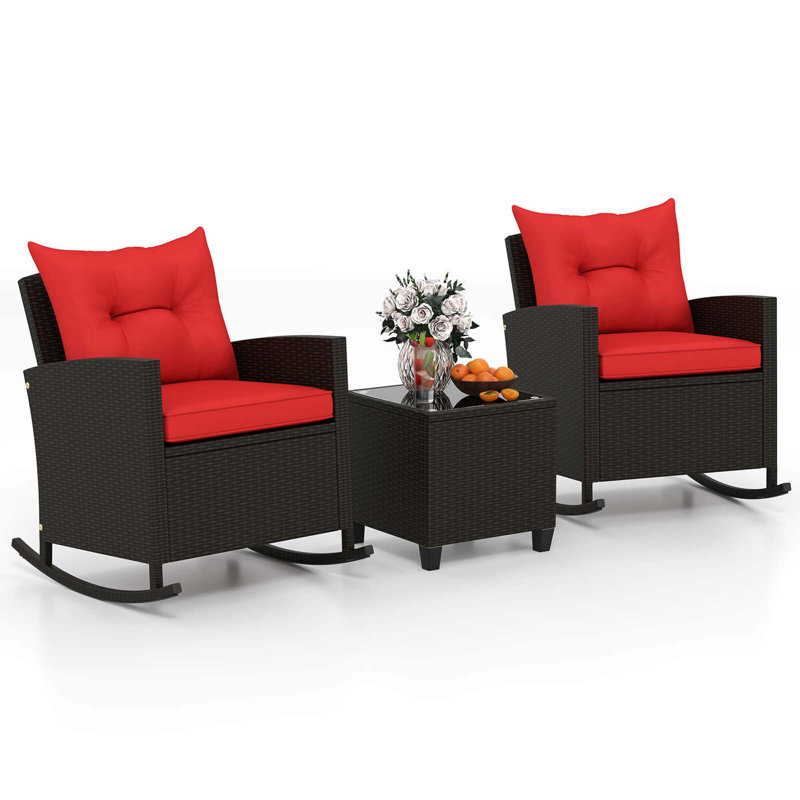 3 PCS Patio Wicker Rocking Set with Tempered Glass Table & Soft Cushions Outdoor, Red, Brown