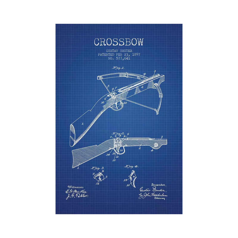 Gustav Bruder Crossbow Patent Sketch (Blue Grid) by Aged Pixel - Wrapped Canvas Gallery-Wrapped Canvas Giclée