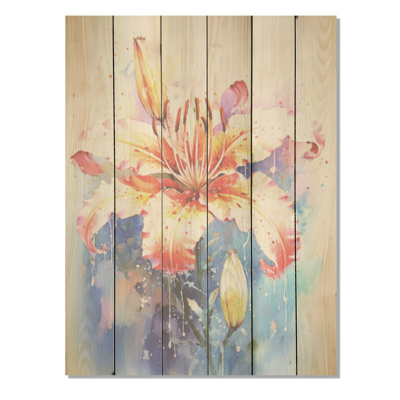 Aquarelle, fleur de lys corail, tranquillité I - lys, art mural sur bois de pin naturel, H 40 po x l 30 po