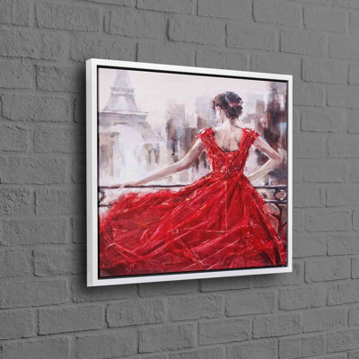 Modern Parisian Woman in Red Dress Canvas Wall Art Displaying Elegant City Lifestyle and Fashion