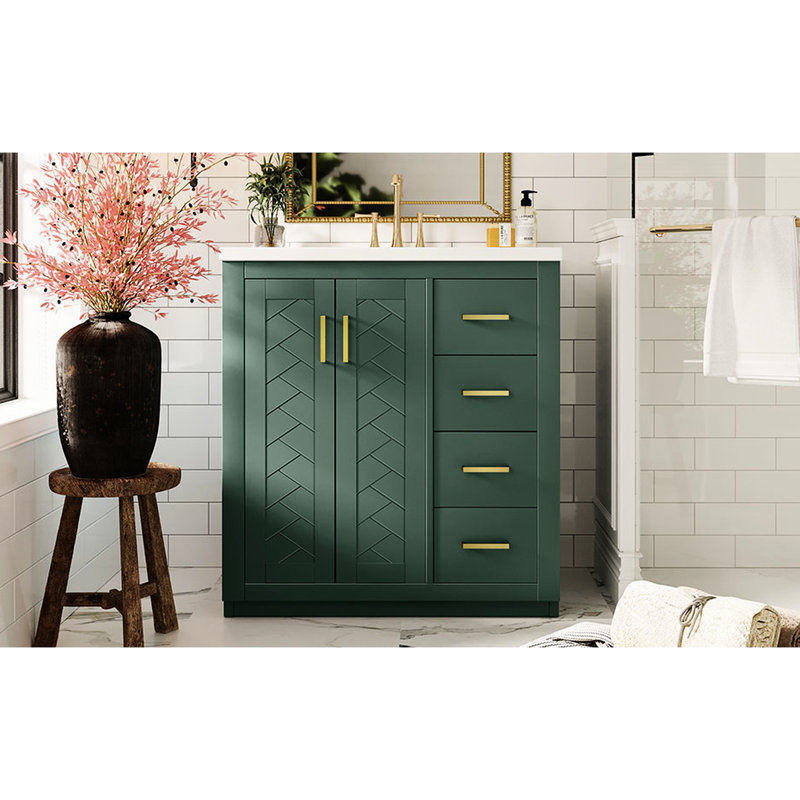 Meuble-lavabo de 30 po avec cadre en bois massif, charnières, planches, grand espace de rangement, design rétro et poignées en métal exquises pour les articles de toilette