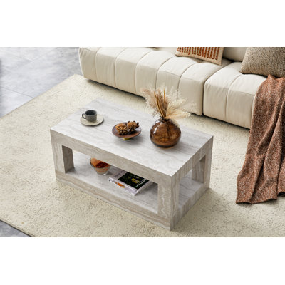 Table basse moderne à 2 niveaux pour mobilier de salon, table centrale rectangulaire avec tablette de rangement ouverte. La table basse à double couche est fabriquée en panneau de fibres à densité moyenne. Assemblage stable et durable, facile