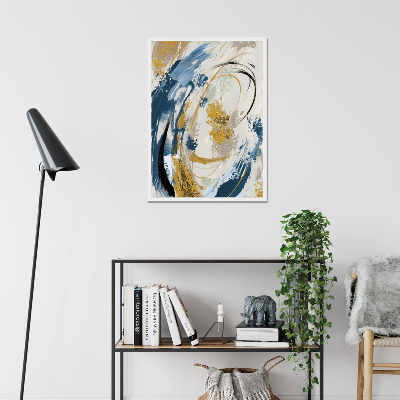 Blue Yellow Abstract - Painting, 50cm H x 34cm W x 2.3cm D, White Framed Paper Print