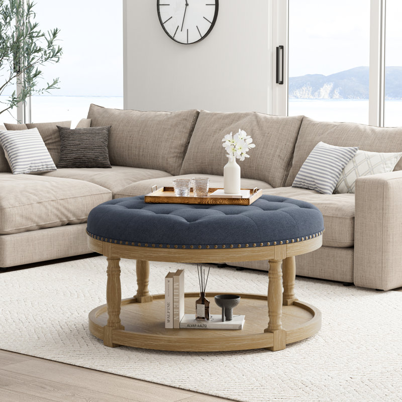 Cristan 33" W Upholstered Round Storage Ottoman,  Blue
