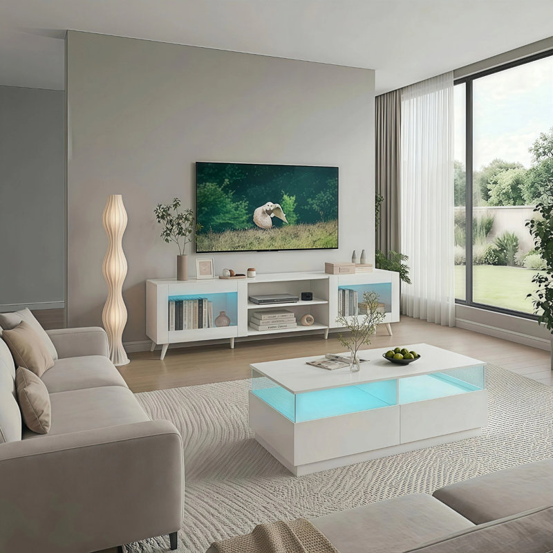 Modern Living Room Set, LED TV Stand & Coffee Table Combo With Storage, White
