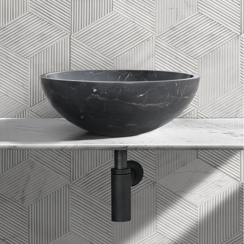 Luxury Dark Grey Natural Marble Vessel Sink , 15.8" Round Matte Finish Stone Basin, Solid One-Piece Carved, Above-Counter Vanity, Bowl For Bathroom & Spa (40Cmx15cm)