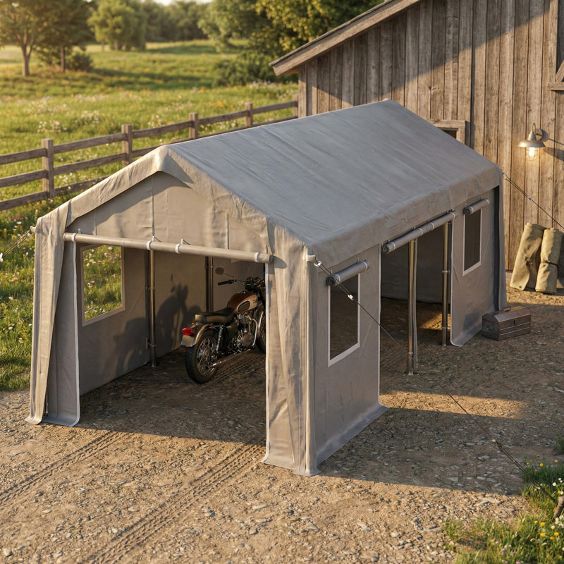 Abri d'auto gris 20 x 10 x 11 pi avec toile PE - Abri avec portes à fermeture à glissière avant et arrière, 2 ouvertures latérales enroulables et 4 fenêtres
