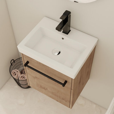 Meuble-lavabo flottant mural avec lavabo en céramique et porte d'armoire à fermeture en douceur, pour petite salle de bain