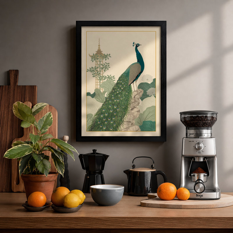 Peacock in Profile Japandi - Framed Print, A3 - 42.0 x 29.7 cm, Black