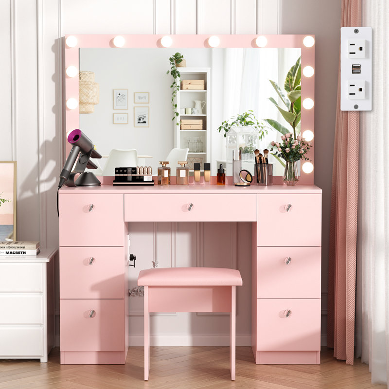 Greyden Makeup Vanity with Large Lighted Mirror, 7 Drawers and Outlets, Stool Included, for Bedroom, Black
