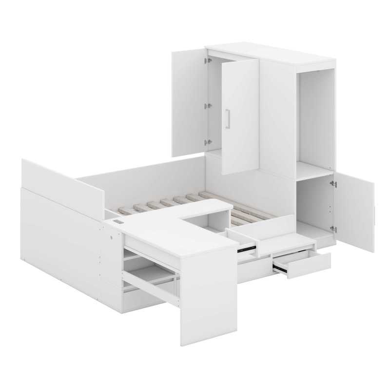 Lit plateforme double avec 6 tiroirs de rangement, lit de jour en bois avec bureau, draps et garde-robe, Blanc