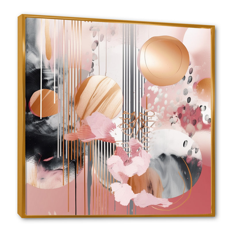 «Pink Gold Lines Scenery III - Modern Shapes», art mural transitionnel, H 16 po x l 16 po, Cadre flottant doré