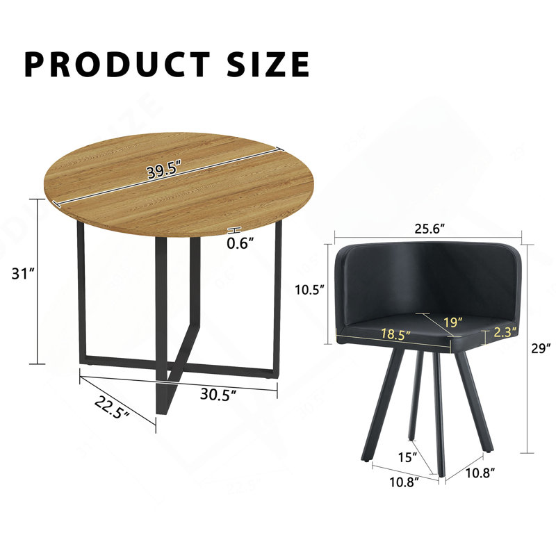 Ensemble de table à manger ronde rustique et 4 chaises en similicuir, ensemble de cuisine 5 pièces pour petits espaces, appartement et coin repas, fini grain de bois, chaises noires