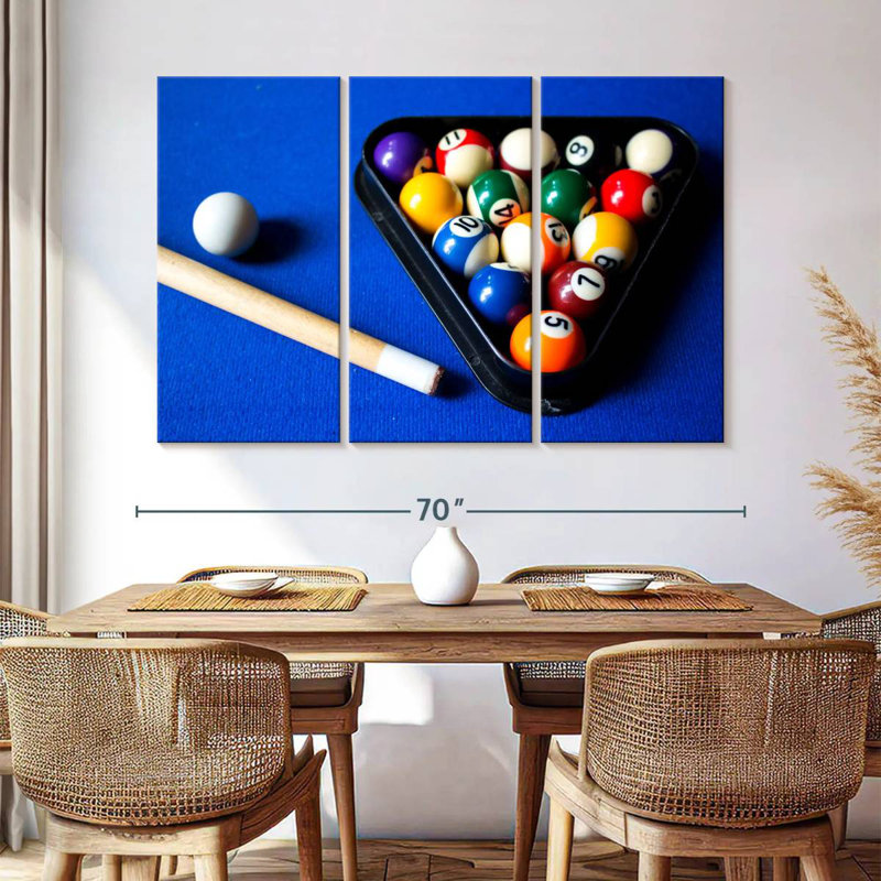 Boules de billard Senne sur table bleue, H 28 po x l 45 po
