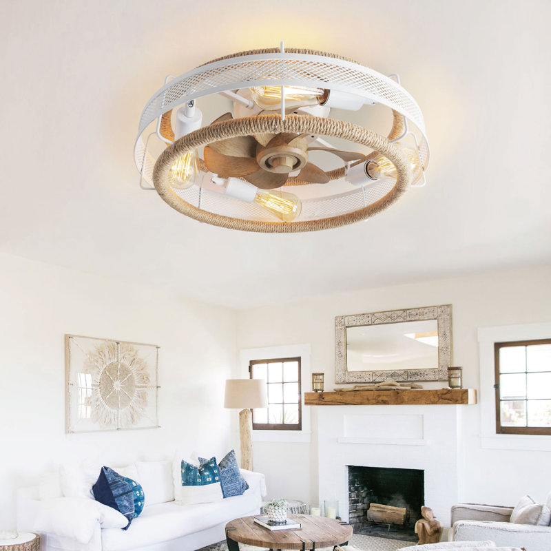 19.7”Ceiling Fan with Light, Lighting Kit Not Included, White with Light Yellow Wood Blades
