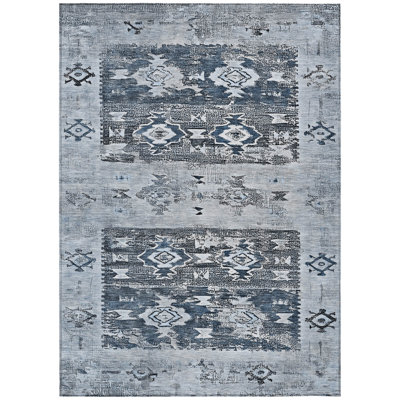 Draessa Blue Washable Indoor-Outdoor Rug - LOOMLAN