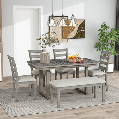 Ensemble de table de salle à manger 6 pièces en bois d'hévéa avec placage en bois massif et coussin moelleux