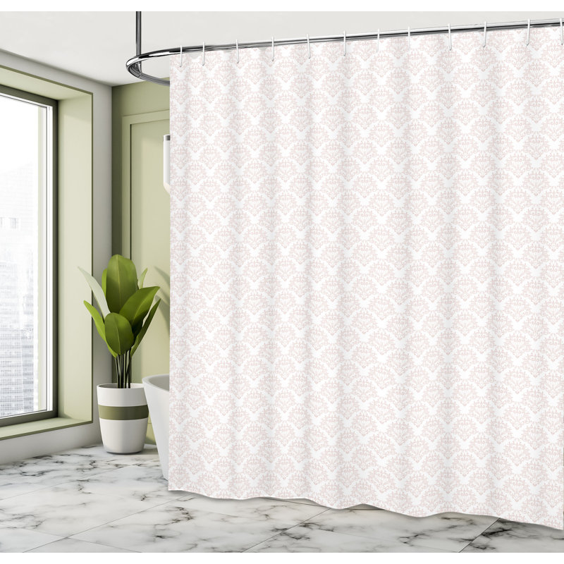 East Urban Home Damask Shower Curtain Simplistic Royal Pale Eggshell and White, 75"H x 69"W