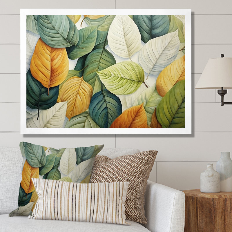 Feuilles vertes et jaunes Tranquility II - feuilles, art mural, Cadre simple blanc, H 16 po x l 32 po x P 1 po