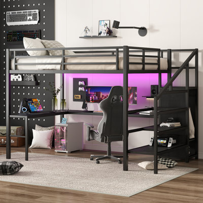  Grand lit mezzanine avec bureau en L et garde-robe, canapé-lit en métal avec ports DEL et USB, noir