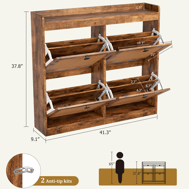 Shoe Storage Cabinet with 4 Flip Drawers, Wood Shoe Cabinet with Rattan Doors and Adjustable Shelves, Brown