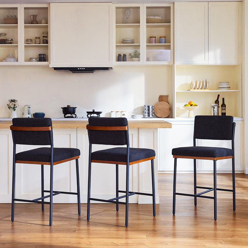 Ensemble de tabourets de bar en lin de 3,26 pouces de hauteur moderne pour îlot de cuisine, tabourets de comptoir avec dossier large et pieds en métal robustes, noir