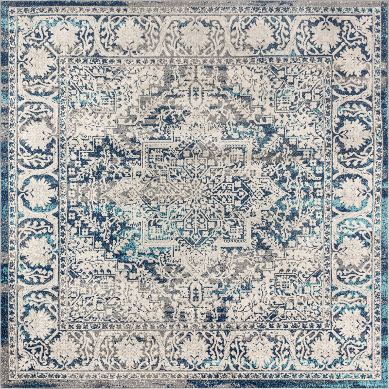 Modern Persian Vintage Medallion Navy/Light Gray Rug, Square 7'9"