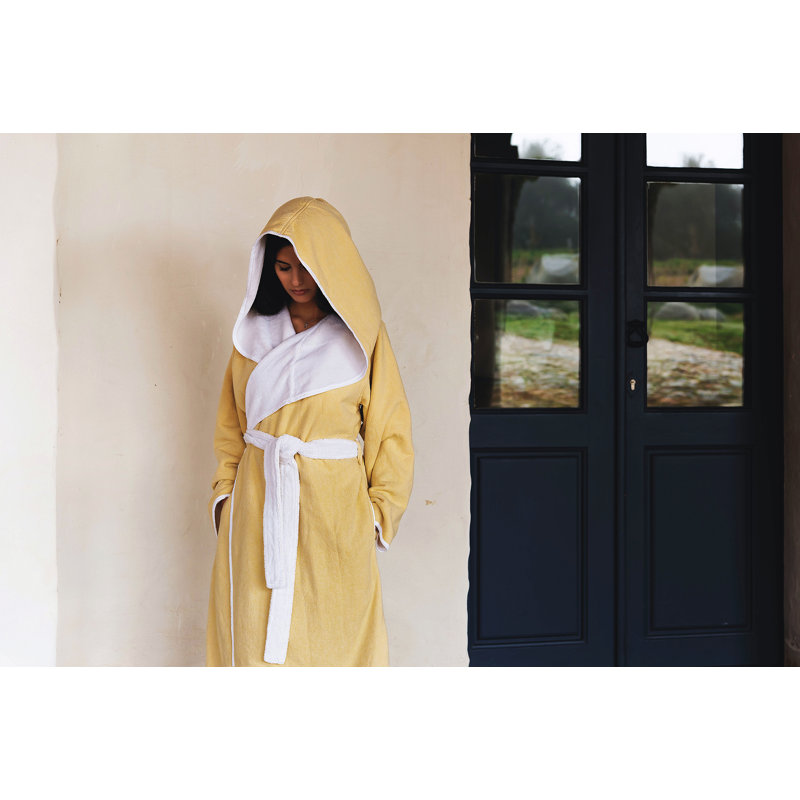 100% Cotton Girl / Woman+ Mid-Calf Bathrobe with Pockets and Hood, L, Mustard