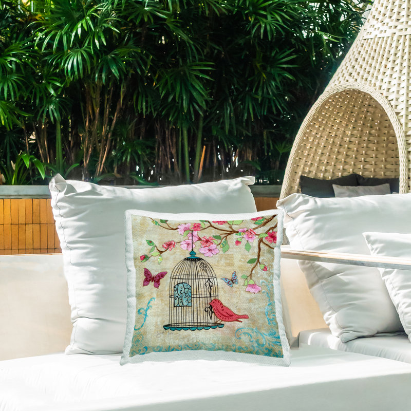 Coussin d'extérieur imprimé Spring Spring, Oiseaux roses
