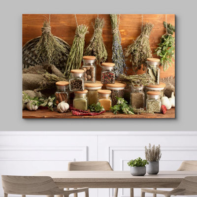 Kitchen Food " Rustic Italian Style Jarred Spices And Hanging Herbs Fruit "