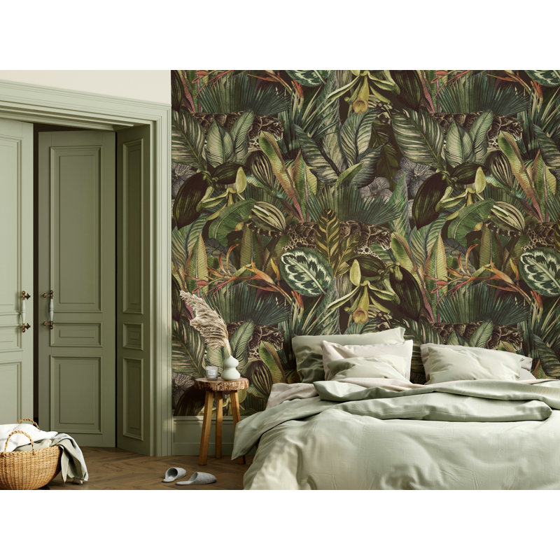Dark Tropical Jungle Leopard Wallpaper Green Leaves, 75" L x 112" W