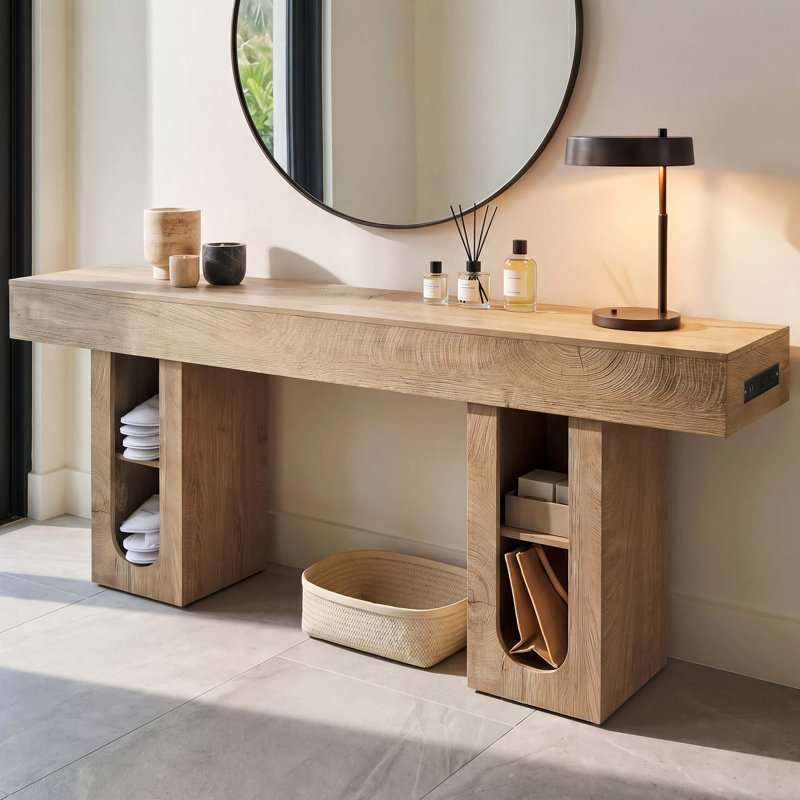 Console robuste avec prise de courant intégrée et rangement réglable, Naturel