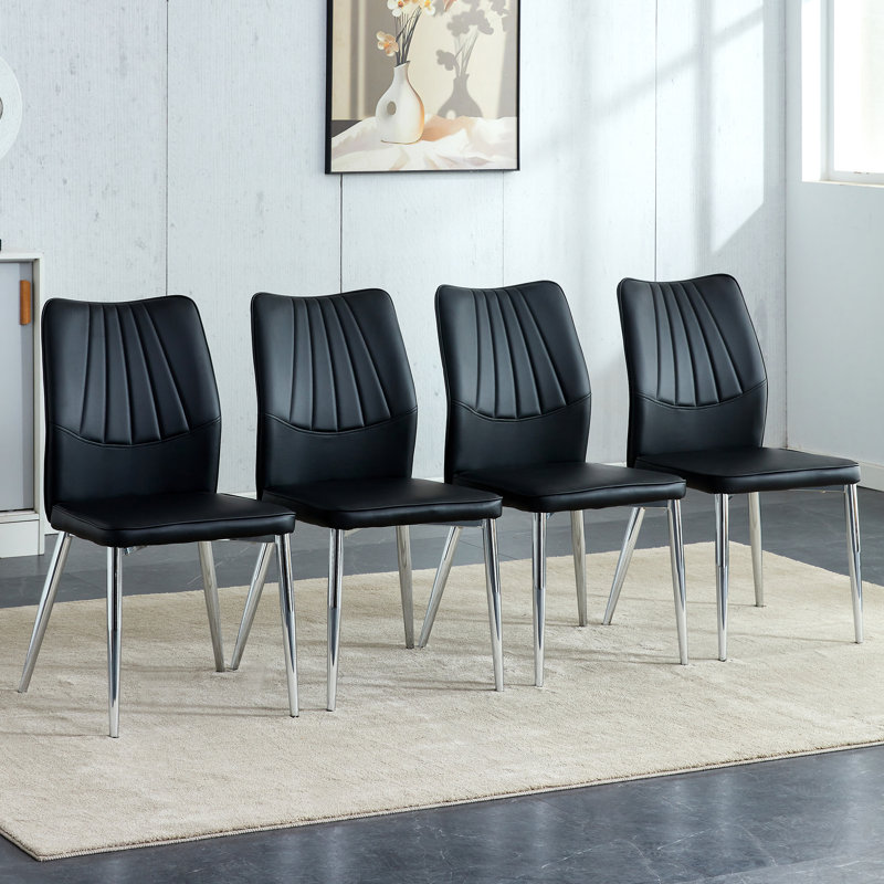  Chaises de salle à manger en polyuréthane avec pieds en métal argenté, ensemble de 4 coussins de style moderne Mid-Century pour salle à manger, noir et argent