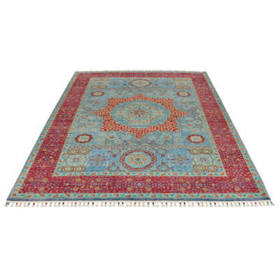6x8 Light Blue and Magenta Turkish Tribal Rug