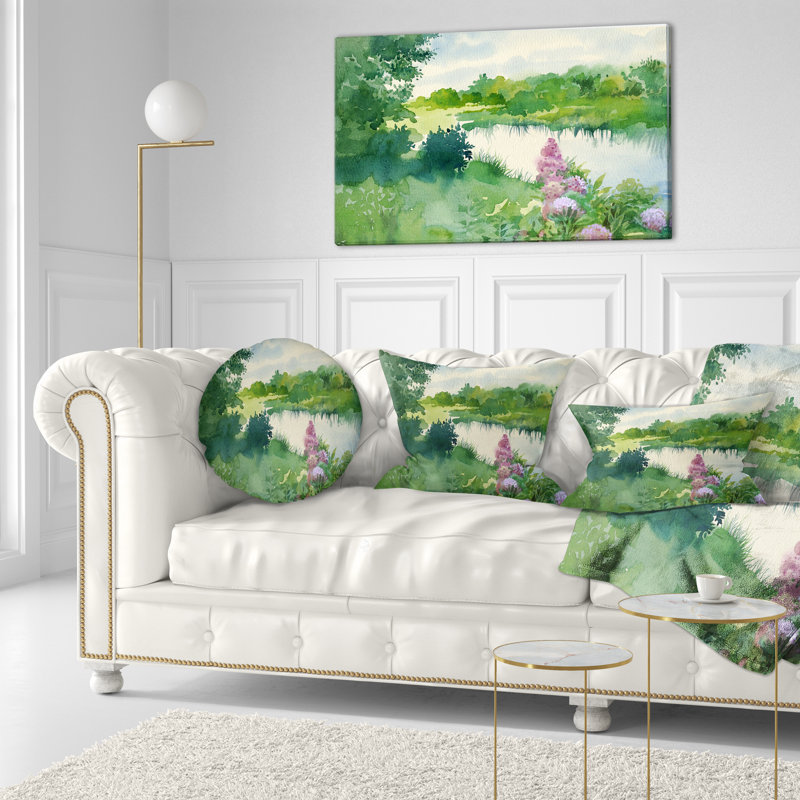 Coussin décoratif imprimé vert paysage de rivière Riverside